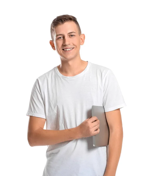Fiatal Férfi Laptop Fehér Háttér — Stock Fotó