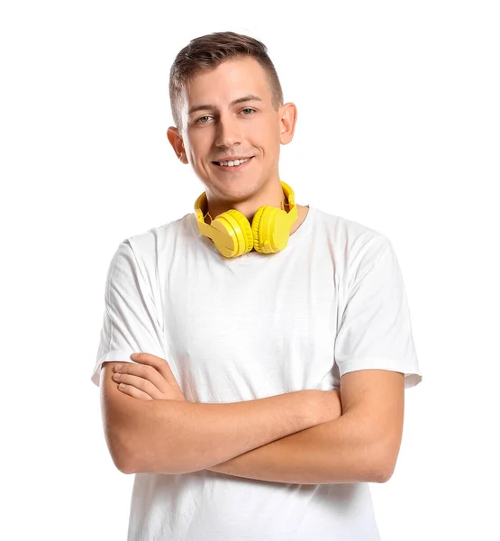 Hombre Joven Con Auriculares Sobre Fondo Blanco — Foto de Stock