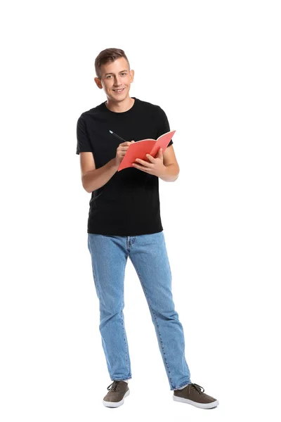 Joven Con Cuaderno Sobre Fondo Blanco —  Fotos de Stock