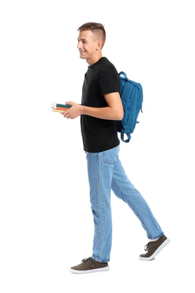 Mann Mit Büchern Und Rucksack Auf Weißem Hintergrund — Stockfoto