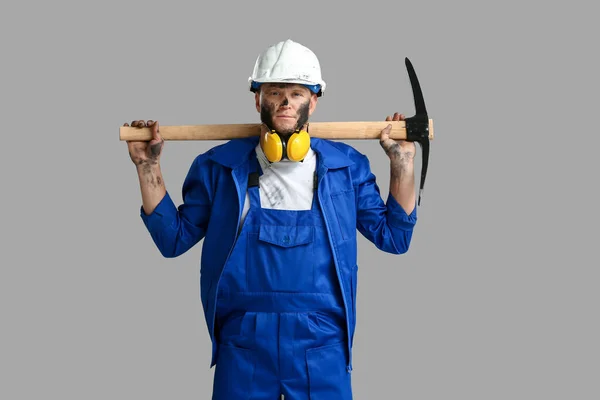 Miner Man Pick Axe Grey Background — Stock Photo, Image