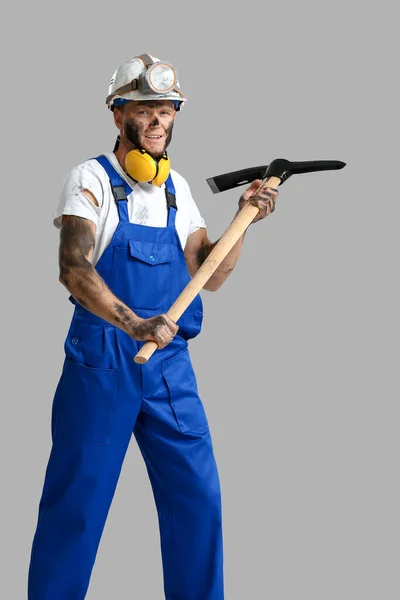 Miner Man Pick Axe Grey Background — Stock Photo, Image