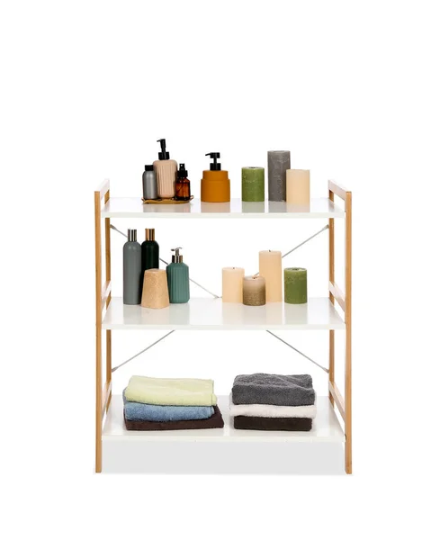 Modern Shelf Unit Towels Body Care Cosmetics White Background — Stock Photo, Image