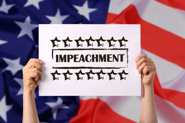 Hands Holding Paper Word Impeachment Usa Flag — Stock Photo, Image