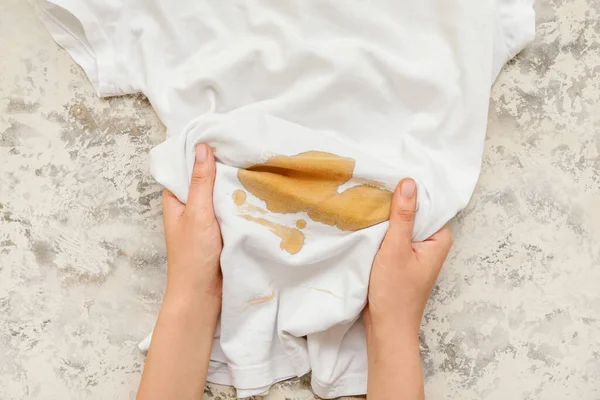 Woman Spilling Cup Coffee Shirt Closeup — Stock Photo, Image