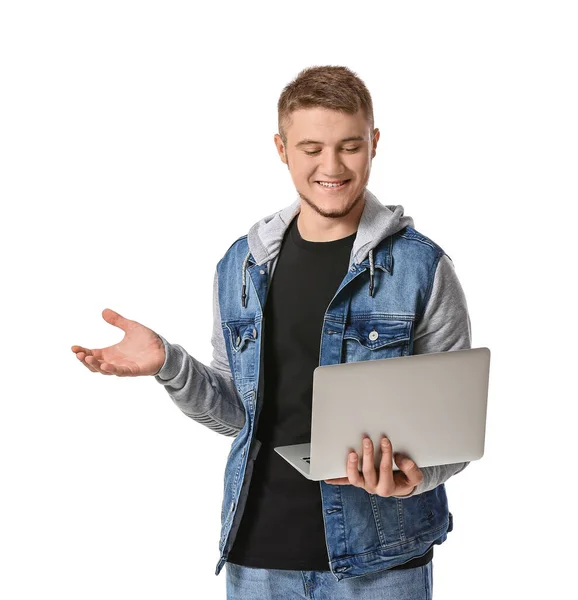 Красивый Молодой Человек Ноутбуком Белом Фоне — стоковое фото