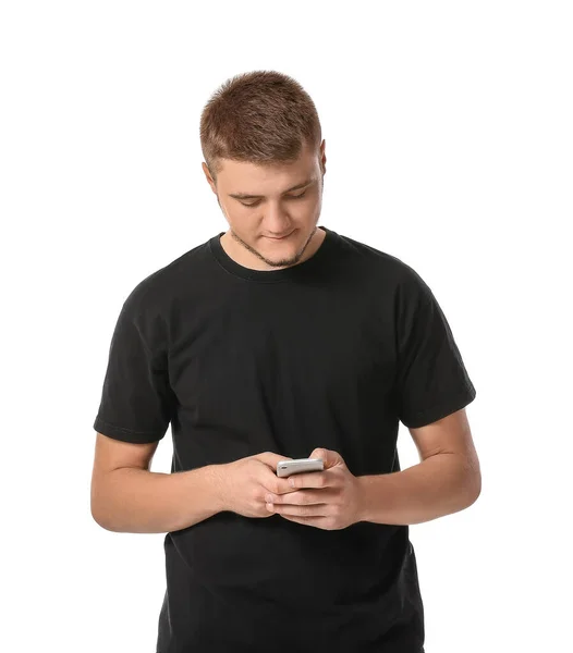 Beau Jeune Homme Avec Téléphone Portable Sur Fond Blanc — Photo