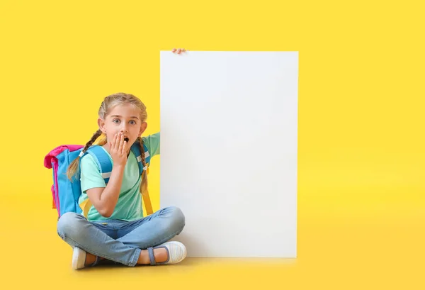 Surprised Little Schoolgirl Blank Poster Color Background — Stock Photo, Image