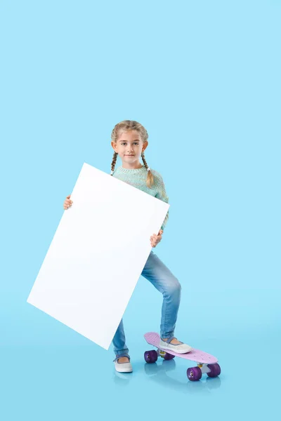 Cute Little Girl Blank Poster Skateboard Color Background — Stock Photo, Image