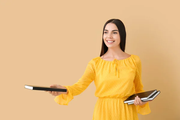 Young Woman Books Color Background — Stock Photo, Image