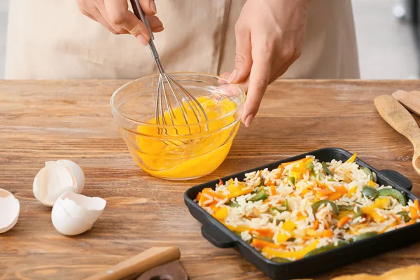 Woman Cooking Rice Casserole Table Closeup — Stock Photo, Image