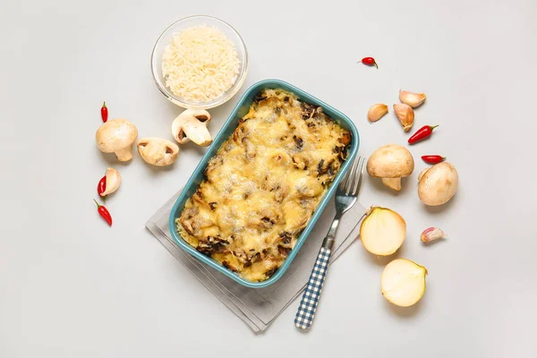 Baking Dish Tasty Rice Casserole Light Background — Stock Photo, Image