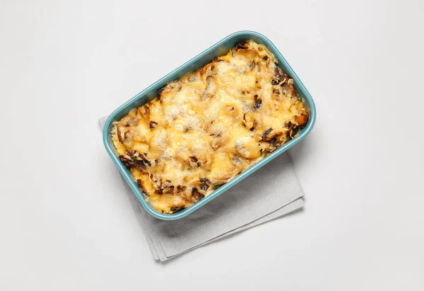 Baking Dish Tasty Rice Casserole Light Background — Stock Photo, Image