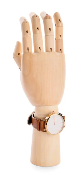 Drewniana Ręka Zegarkiem Białym Tle — Zdjęcie stockowe
