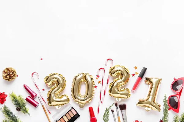 New Year Composition Makeup Cosmetics White Background — Stock Photo, Image
