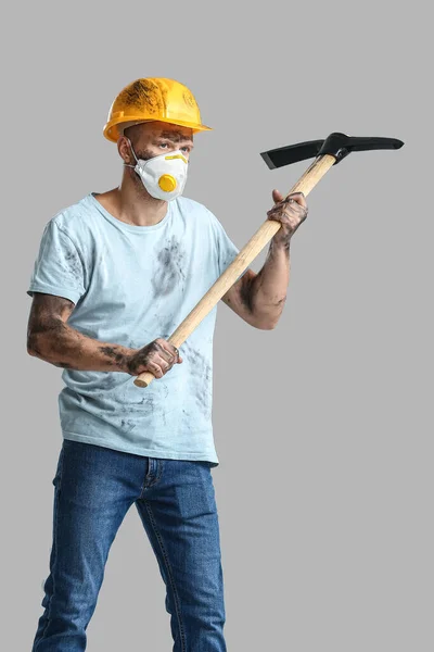 Miner Man Pick Axe Grey Background — Stock Photo, Image