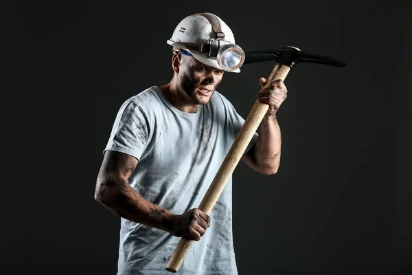 Miner Man Pick Axe Dark Background — Stock Photo, Image