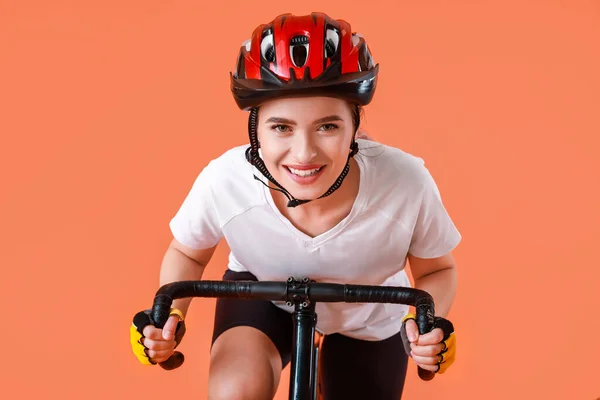 Female Cyclist Riding Bicycle Color Background — Stock Photo, Image