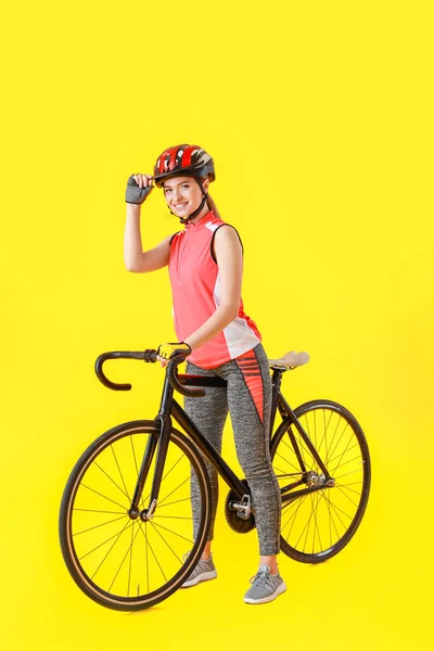 Female Cyclist Bicycle Color Background — Stock Photo, Image