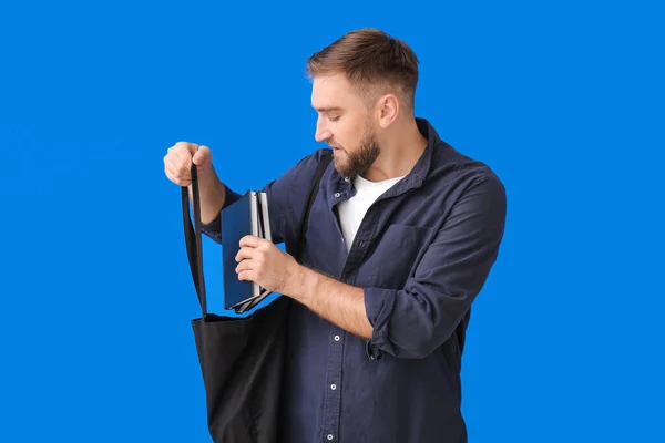 Young Man Books Color Background — Stock Photo, Image