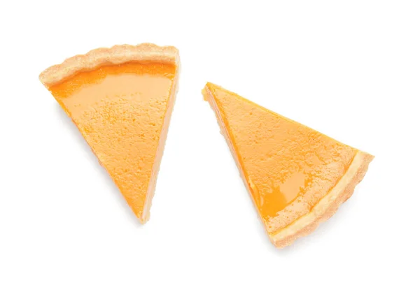 Slices Tasty Pumpkin Pie White Background — Stock Photo, Image