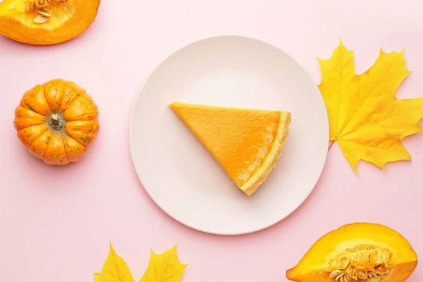 Composition Slice Tasty Pumpkin Pie Color Background — Stock Photo, Image