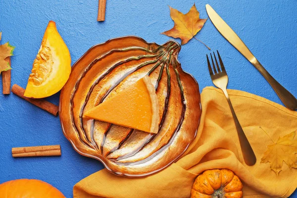 Plate Slice Tasty Pumpkin Pie Color Background — Stock Photo, Image