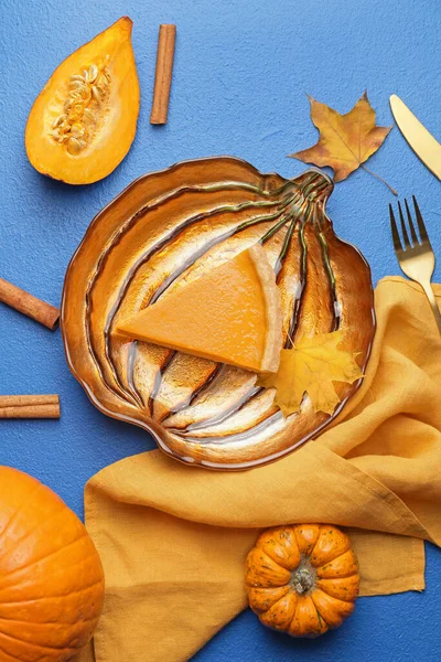 Plate Slice Tasty Pumpkin Pie Color Background — Stock Photo, Image