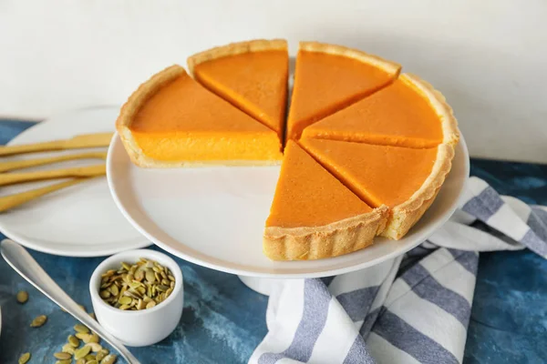 Torta Zucca Taglio Saporita Sul Tavolo — Foto Stock