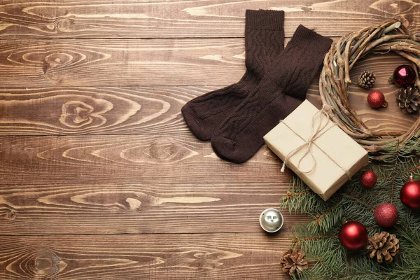 Warm Socks Christmas Decor Wooden Background — Stock Photo, Image