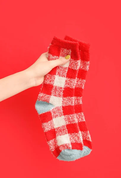 Hand Warm Socks Color Background — Stock Photo, Image