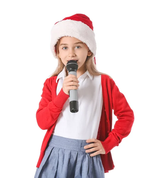 Nettes Kleines Mädchen Mit Weihnachtsmütze Singt Weihnachtslied Auf Weißem Hintergrund — Stockfoto