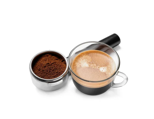Cup Hot Espresso Portafilter Coffee Machine White Background — Stock Photo, Image