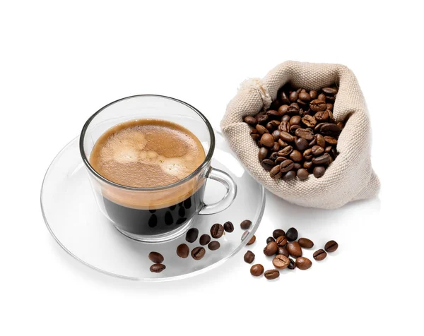 Cup Hot Espresso Bag Coffee Beans White Background — Stock Photo, Image