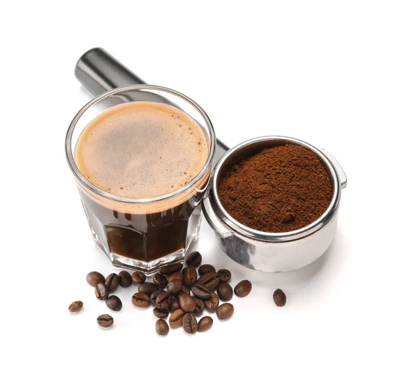 Glass Hot Espresso Portafilter Coffee Machine White Background — Stock Photo, Image