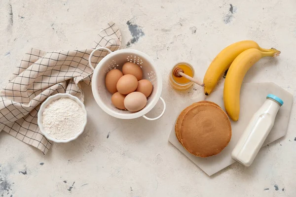 Tasty Banana Pancakes Ingredients White Background — Stock Photo, Image