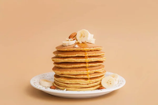 Tasty Banana Pancakes Color Background — Stock Photo, Image