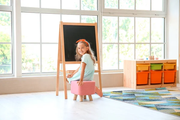 Cute Little Girl Blackboard Kindergarten — Stock Photo, Image
