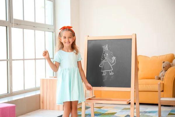 Cute Little Girl Drawn Princess Blackboard Kindergarten — Stock Photo, Image