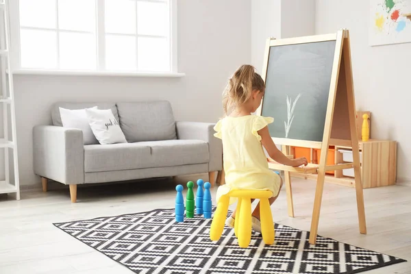 Cute Little Girl Drawing Blackboard Kindergarten — Stock Photo, Image