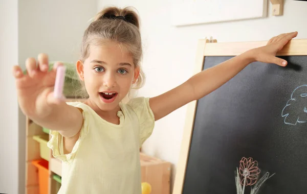 Cute Little Girl Chalk Kindergarten — Stock Photo, Image