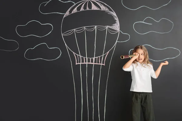 Cute Little Girl Watching Spyglass Black Wall Drawn Hot Air — Stock Photo, Image