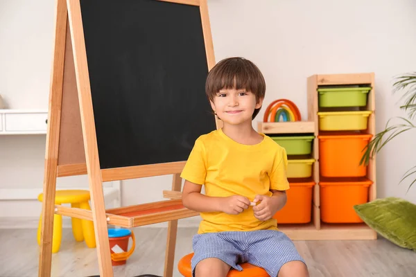 Cute Little Boy Blackboard Kindergarten — Stock Photo, Image