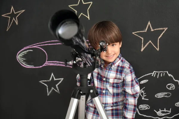 Cute Little Boy Watching Telescope Black Wall Drawn Space — Stock Photo, Image