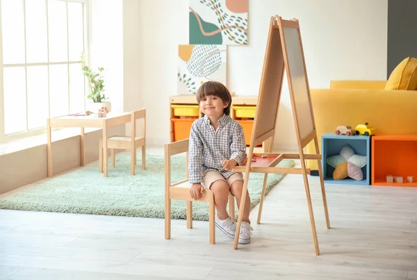 Cute Little Boy Easel Kindergarten — Stock Photo, Image