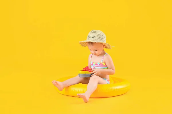 Cute Baby Girl Inflatable Ring Color Background — Stock Photo, Image