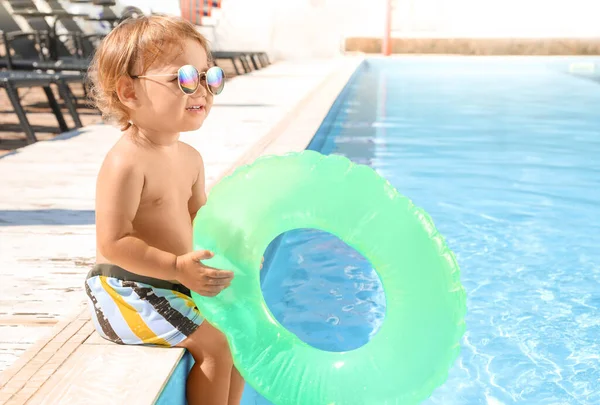 Cute Baby Boy Inflatable Ring Sitting Edge Swimming Pool — Stock Photo, Image