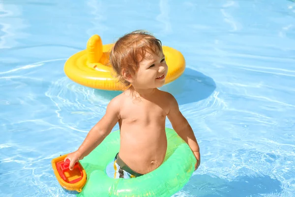 Cute Baby Boy Inflatable Ring Swimming Pool — Stock Photo, Image