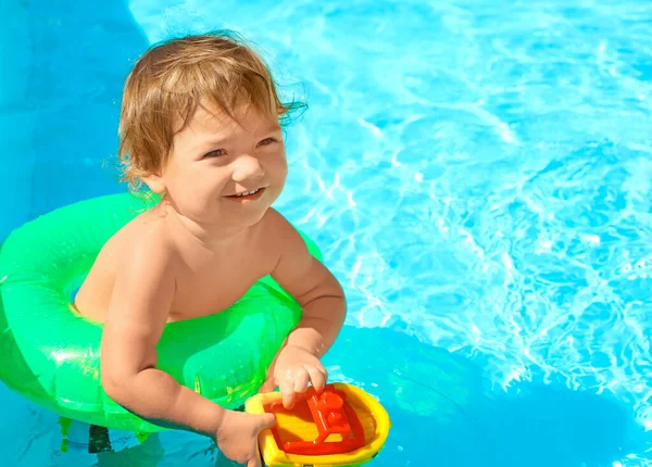 Cute Baby Boy Inflatable Ring Swimming Pool — Stock Photo, Image