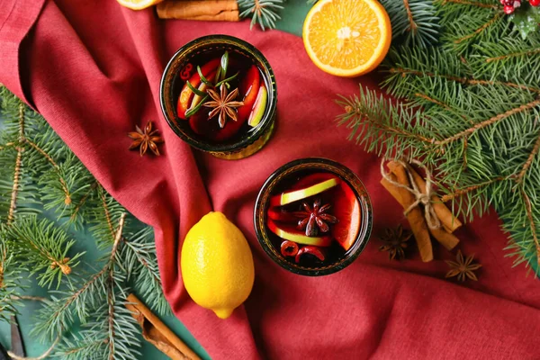 Glasses Tasty Mulled Wine Color Background — Stock Photo, Image